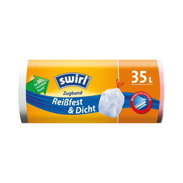 Swirl Müllbeutel Reißfest & Dicht 35 Liter, mit Zugband, weiss/blickdicht, 55 x 63 cm, aus 80 Prozent recyceltem Plastik 11 Stück
